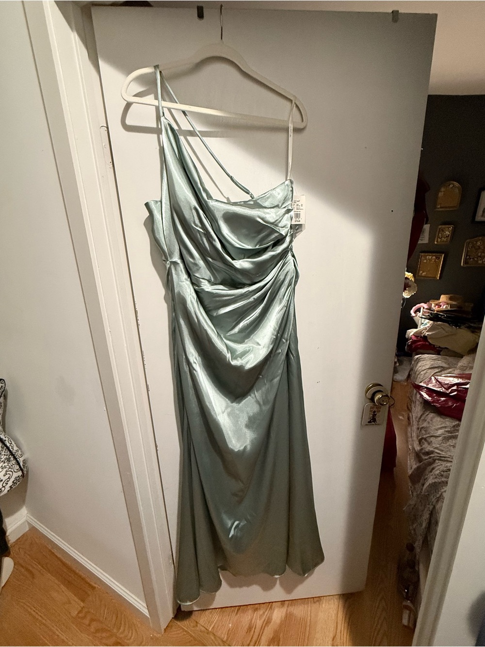 One-Shoulder Satin Draped Dress in Sage